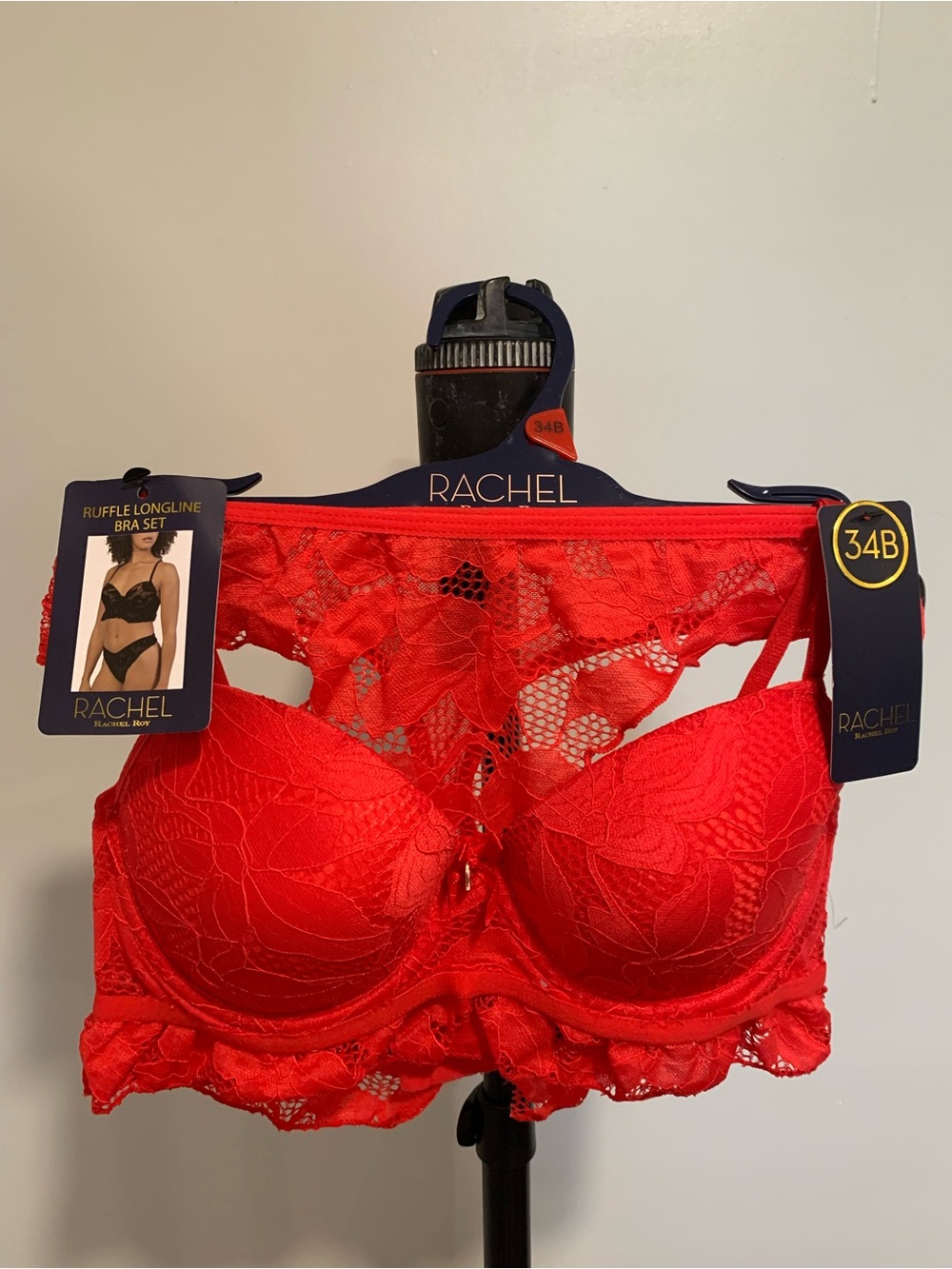 RACHEL Rachel Roy Red Lace Longline Ruffle Bra and thong set-BB178